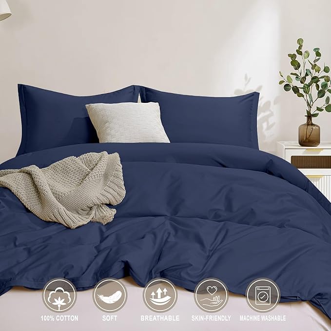 100-Percent Cotton Duvet Cover Set, Hidden Zipper Closure, Ultra Soft, Easy Care and Durable, Simple Bedding Style, Twin, Navy (Comforter Not Included)