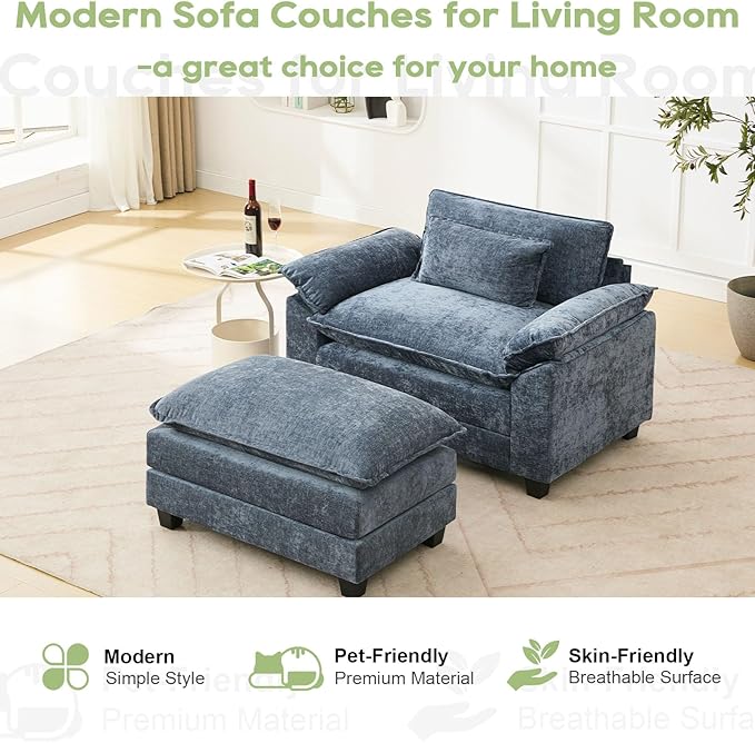 53" Modular Sectional Sofa, Comfy Cloud Couch Sectional Sofa with Ottoman, Chenille Sofa Sleeper Deep Seat Sofa with Throw Pillows for Living Room (Blue)