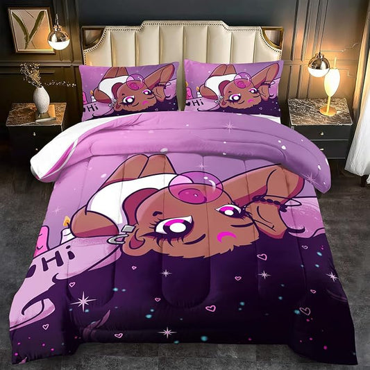 Black Girl Comforter Set King Cute Bedding Set College Dorm Girl Cartoon Teen Black and Pink Comforter King Kawaii Room Decor Cartoon Bedding Quilt Decor Kids