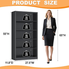 Black Bookshelf, 55” Adjustable Tall Metal Bookshelf, 5-Tier Toy Storage Organizer with Anti-Tilt Device, Modern Book Cases and Book Shelves for Bedroom, Playroom, Classroom, Study