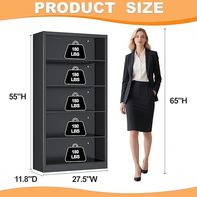 Black Bookshelf, 55” Adjustable Tall Metal Bookshelf, 5-Tier Toy Storage Organizer with Anti-Tilt Device, Modern Book Cases and Book Shelves for Bedroom, Playroom, Classroom, Study