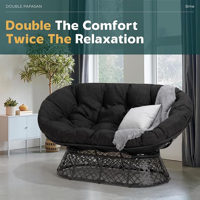 Bme Double Papasan Chair, 600lbs Capacity, Ergonomic Design, Soft Thick Fabric Cushion, Bee-Designed Base, Sturdy Steel Frame, 61", Onyx Stone - Black Base