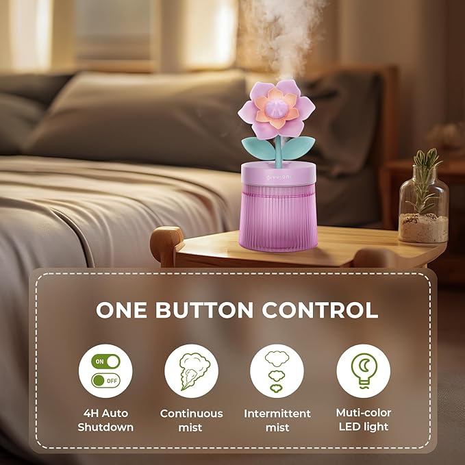 Cute Flower Mini Humidifier, 260ml Gardenia Desktop Humidifiers for Bedroom, Portable Small Cool Mist Humidification for Home, Baby Nursery, Office & Indoor Plants, USB Powered (Purple)
