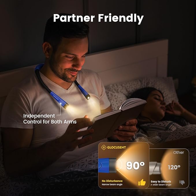 Glocusent Book Light, 3-Color & 6-Brightness Reading Light, Bendable Neck Light, 80-hr Lasting Rechargeable Book Light, Perfect Reading Lights for Books in Bed, Knitting, Repairing, Book Lovers Gifts