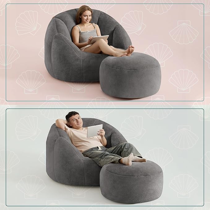 Swivel Giant Bean Bag Chair for Adults with Ottoman - Comfy Plush Round Shell Soft Accent Chaise Lounge Indoor Reading Chair, Oversized Cozy Floor Sofa for Living Room, Bedroom Dorm, Gray