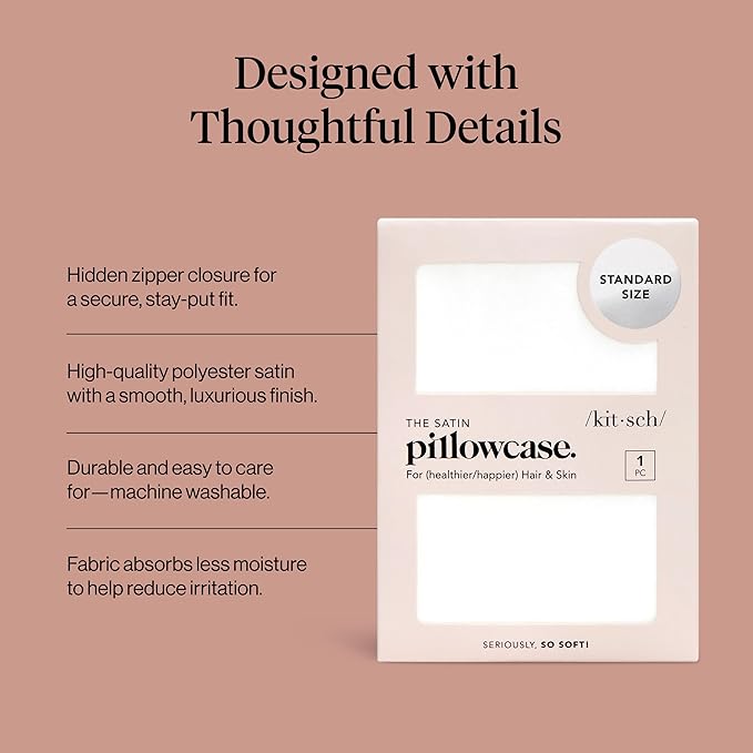 Kitsch Satin Pillowcase with Zipper for Hair & Skin, Softer Than Silk Pillow Cases Standard Size, Wrinkle-Free, Smooth and Cooling Satin Pillow Covers, 19"x26" - Ivory