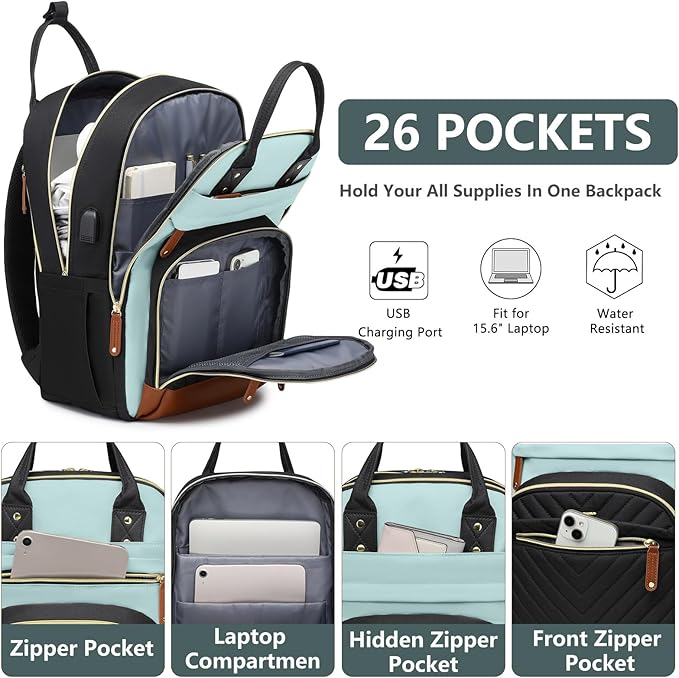 Laptop Backpack for Women Work Bookbag: 15.6 Inch College Backpacks with USB Charger School Bag Waterproof Travel Computer Back Pack Anti-Theft Casual Bookbags for Girls Teacher Nurse Black-Light-Blue