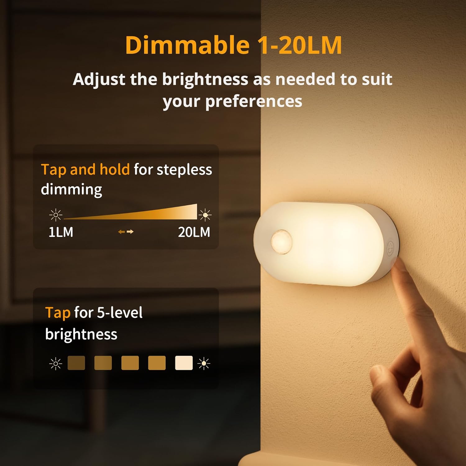 Lyridz Rechargeable Battery Night Light with Motion Sensor, Portable Mini Warm White LED Stick-on Closet Light, Adjustable Brightness for Bathroom, Bedroom, Kitchen, Cabinet, Stairs, Hallway, 2-Pack Dormly