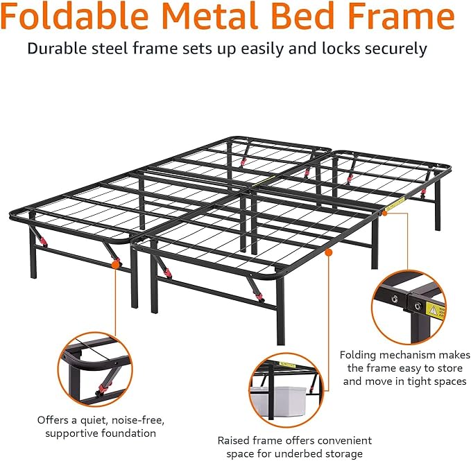 Amazon Basics Bed Frame with Storage, Foldable Metal Platform, Sturdy Steel, No Box Spring Needed, 14 inches High, Tool-Free Setup, King Size, Black