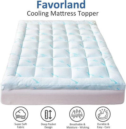 Favorland Mattress Topper Queen Size - Cooling Extra Thick Breathable Viscose Made from Bamboo Mattress pad - Soft Quilted Fitted Mattress Cover with 900 GSM Down Alternative Fill (8-21”Deep Pocket)