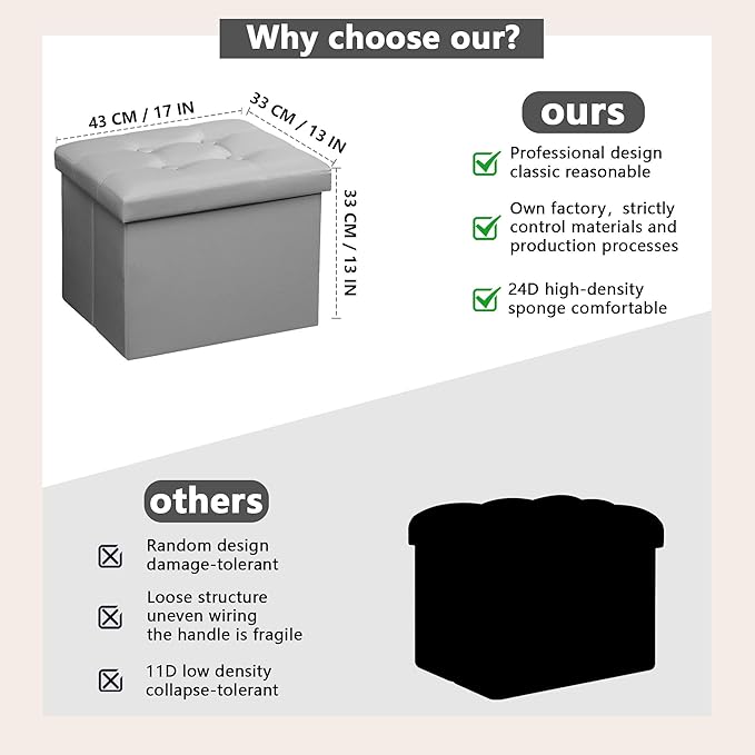 AmasSmile Storage Ottoman Folding Foot Rest Stool, Leather Footstool Bench, Short Ottoman Stool, Storage Foot Rest Store, Books (Grey, 17" D x 13" W x 13" H)