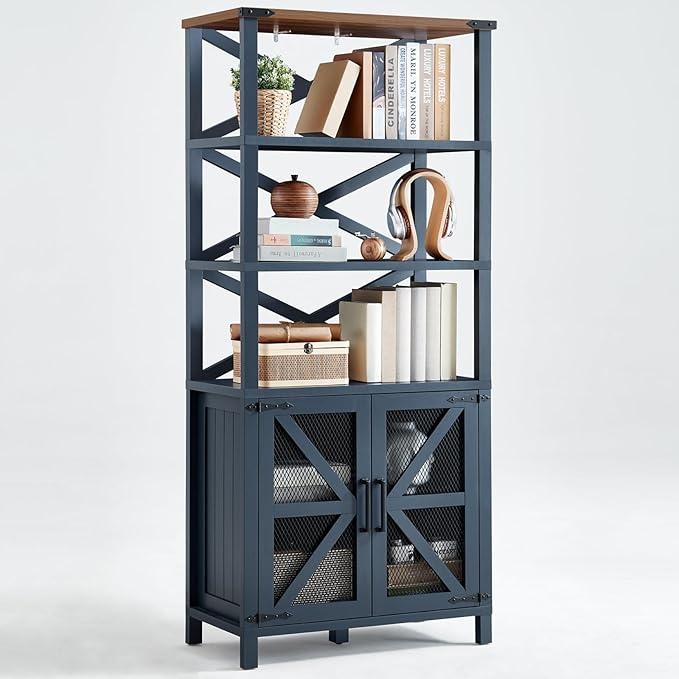 5 Tier Bookshelf 70" Tall Bookcase with Barn Doors,Large Farmhouse Display Book Shelf with Adjustable Shelves and Storage Cabinet，Library Wood Bookshelves for Living Room,Kitchen,Blue(3PCS)