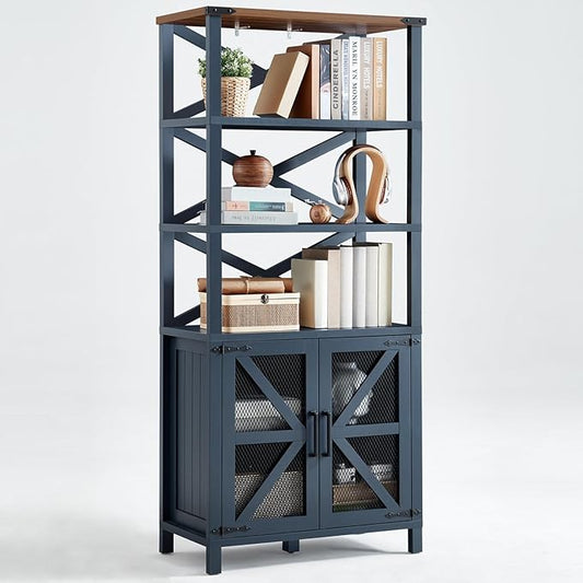 5 Tier Bookshelf 70" Tall Bookcase with Barn Doors,Large Farmhouse Display Book Shelf with Adjustable Shelves and Storage Cabinet，Library Wood Bookshelves for Living Room,Kitchen,Navy Blue