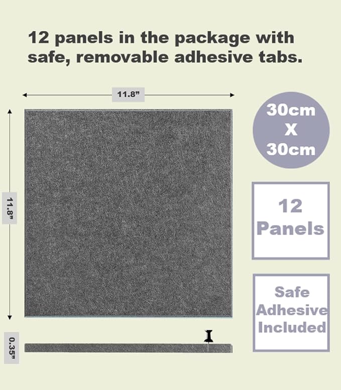 Felt Wall Tiles | Large Cork Board Alternative | Aesthetic Felt Bulletin Board for Office, Home & Classroom | Large Cork Boards for Walls Pinboard (12-Pack) | Gray