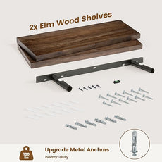 Elm Floating Shelves for Wall Decor, Rustic Solid Wood Shevles Wall Mounted with Invisible Bracket for Living Room Bathroom Bedroom Kitchen, 24 Inch Set of 2, Walnut