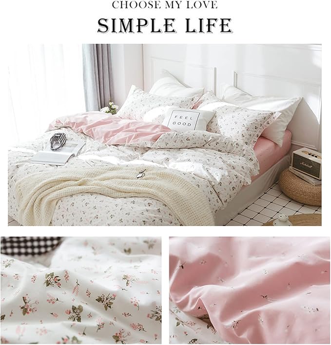 HighBuy Floral Girl Duvet Cover Twin White Pink Flower Coquette Bedding Set with Zipper Closure Soft Cotton Bedding Comforter Cover Aesthetic 3 Pieces for Kids Bedroom Collection 4 Corner Ties