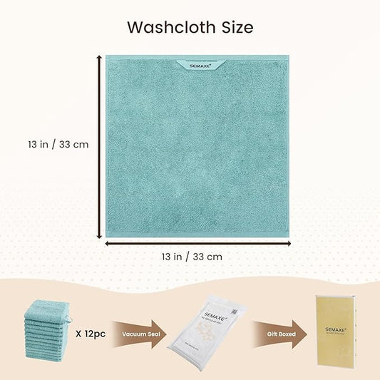 SEMAXE 100% Cotton Washcloths 12-Pack, 13 × 13 Inch Soft Luxury Face Towels – Super Absorbent & Quick-Dry, Premium Cloth with Hanging Loop, Oeko-TEX Certified, Gift-Ready Box
