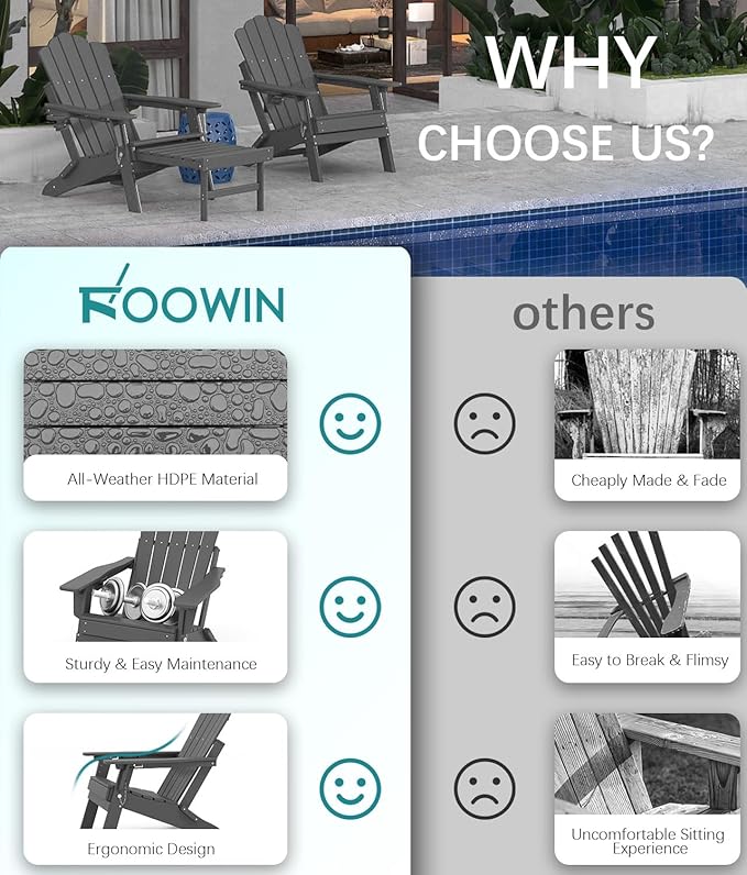 FOOWIN Adjustable Adirondack Chair with Retractable Ottoman Set of 4, Folding Adirondack Chair with Cup Holder, HDPE All-Weather Fire Pit Chair for Patio, Yard, Poolside, Grey