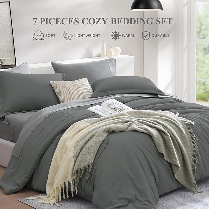 WRENSONGE King Size Comforter Set- 7 Pieces Soft Grey Bed in a Bag with Fitted Sheet, Flat Sheet, 2 Pillow Shams, and 2 Pillowcases- Warm Bedding Set for All Season
