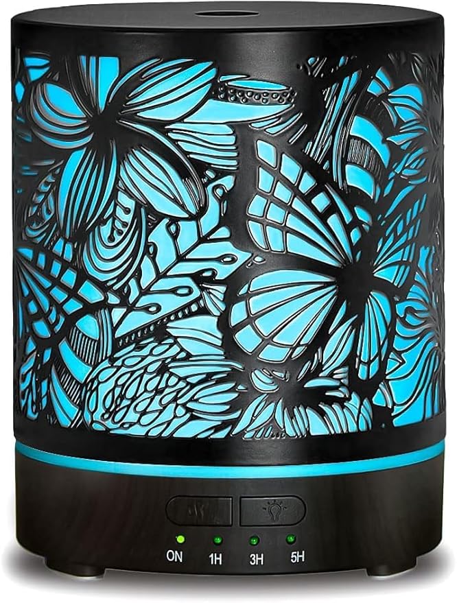 Essential Oil Diffusers 300ML Metal Aromatherapy Oil Diffusers for Large Room,Butterflies & Flower Ultrasonic Cool Mist Diffuser with Waterless Auto Shut-Off Protection, for Home Office SPA Yoga