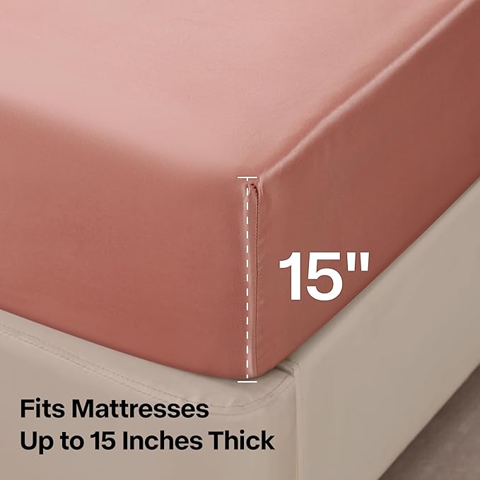 BEDELITE King Size Sheets Set, Luxury Soft Rose Pink Satin Sheets for Hair and Skin, Similar to Silk Bed Sheets Set 4 Pieces with 1 Deep Pocket Fitted Sheet, 1 Flat Sheet, and 2 Pillowcases