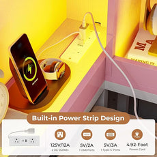 VIAGDO Corner Bed Frame with Storage Bookcase and 6 Drawers, Twin Metal Platform Corner Bed Frame with LED Lights and Charging Station, Twin Daybed for Kids Teenagers, Pink