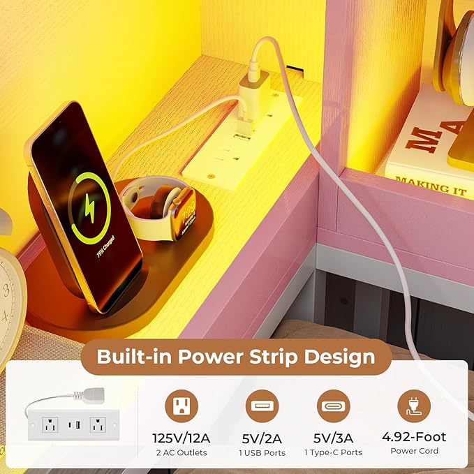 VIAGDO Corner Bed Frame with Storage Bookcase and 6 Drawers, Twin Metal Platform Corner Bed Frame with LED Lights and Charging Station, Twin Daybed for Kids Teenagers, Pink