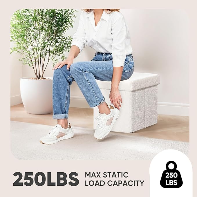 PINPLUS Storage Ottoman Cube Square Shaped Ottomans with Storage Foot Stool Footrest for Lving Room Boucle Ottoman Seat for Dorm Room,Faux Teddy Fur White,12.6"x12.6"x12.6"