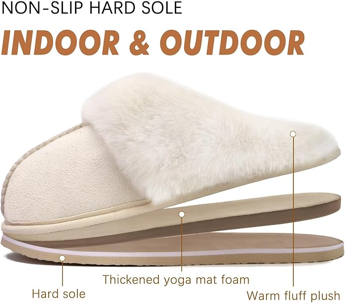 KuaiLu Womens Fluff Dual Memory Foam Slippers Ladies Cozy Arch Support Warm Scuff Slippers Slip on Comfy Winter House Shoes with Non-Slip Indoor Outdoor Hard Sole