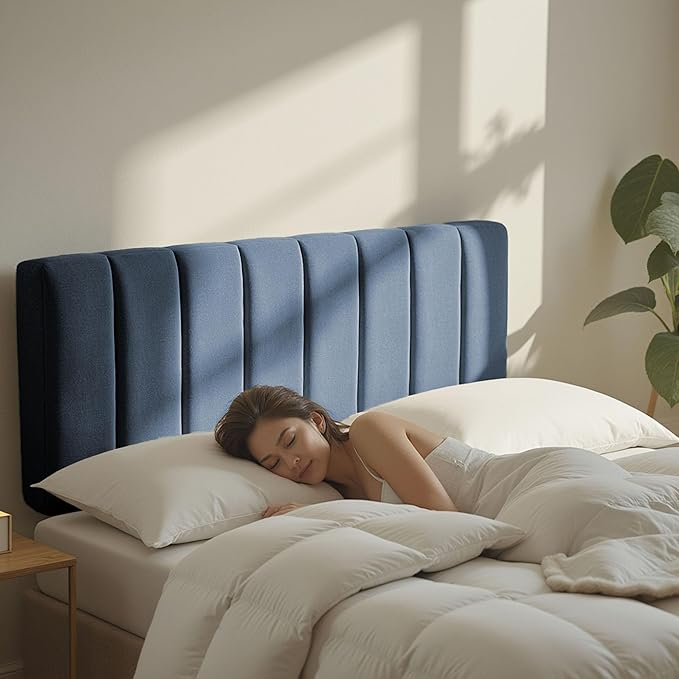 Hearth & Harbor Upholstered Queen Headboard - Easy Assemble Channel Stitched Headboard Queen Size - Wall Mounted Headboards with 3D Soundproof Wall Panels Peel & Stick Floating Headboards, Slate Blue