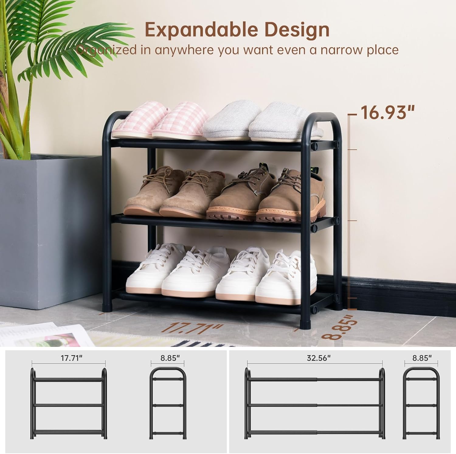 Gonfoam 3-Tier Expandable Shoe Rack,Adjustable Shoe Shelf Storage Organizer Heavy Duty Metal Free Standing Shoe Rack for Entryway Closet Doorway (Black) Dormly