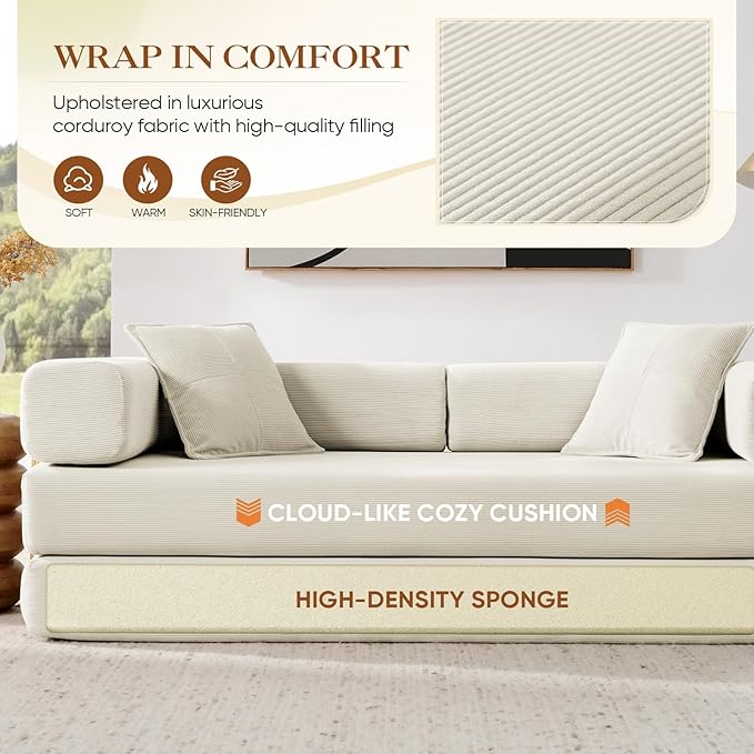 Antetek Convertible Futon Sofa Bed, 3-Seater Modern Corduroy Foam Floor King Size Bed Fold Out Sleeper Lounge Loveseat Sofa Couch with 2 Throw Pillows for Living Room Bedroom Guest Room, Beige