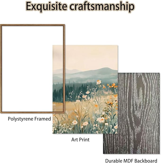 KISSFOX 3 Piece Framed Wall Art Floral Wall Decor Landscape Pictures Mountain Canvas Art Daisy Wildflower Paintings Modern Farmhouse Artwork For Bedroom Bathroom Living Room