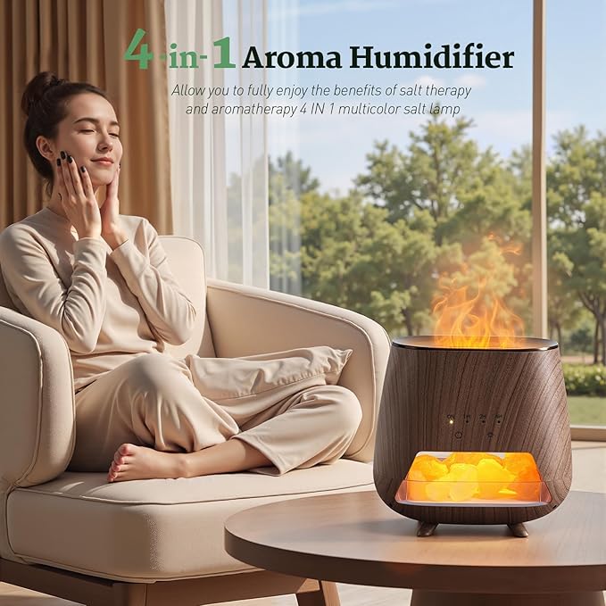 Essential Oil Diffuser for Home - Aromatherapy Diffuser with Pure Himalayan Pink Salt Rock, 200ml Wood Grain Scent Diffuser, Cool Mist Humidifier with 9 Colors LED Light for Bedroom, Black