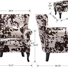 Set of 2 Mid-Century Modern Accent Chair with Ottomans, Velvet Armchair w/Tufted Back/Wood Legs, Upholstered Lounge Arm Chair Single Sofa for Living Room Bedroom, Cow Print