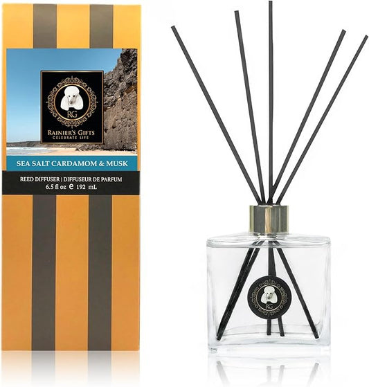 Rainier’s Gifts Reed Diffuser Set (Sea Salt Cardamom & Musk) - Scented Oil Diffuser Sticks - Home Fragrance Aromatherapy Air Freshener 6.5 fl oz