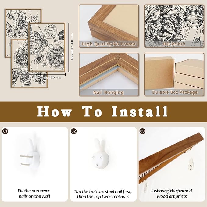 BINCUE Food Wood Wall Art Modern Cheers Kitchen Wall Decor Abstract Friends Party Artwork for Kitchen Dining Room Living Room 12" Lx16 W Set of 3