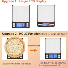 BOMATA Upgraded Small Food Scale, 0.1 g/0.001 oz High Precision, 3000 g/6.6 lb, with New Hold Function and Larger Display, USB Rechargeable, Digital Kitchen Scale for Small Item, Jewelry. Black