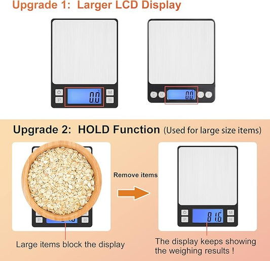 BOMATA Upgraded Small Food Scale, 0.1 g/0.001 oz High Precision, 3000 g/6.6 lb, with New Hold Function and Larger Display, USB Rechargeable, Digital Kitchen Scale for Small Item, Jewelry. Black