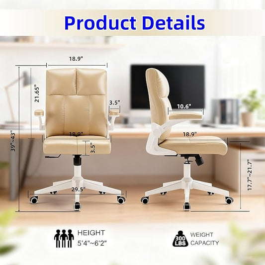Ergonomic Home Office Desk Chair with Space Saving Flip-Up Arms, 360° Swivel & Reclining Back, High-Back Executive Chair in Soft Faux Leather Chair Multi-Angle from 90° to 135°with 450LBS Capacity