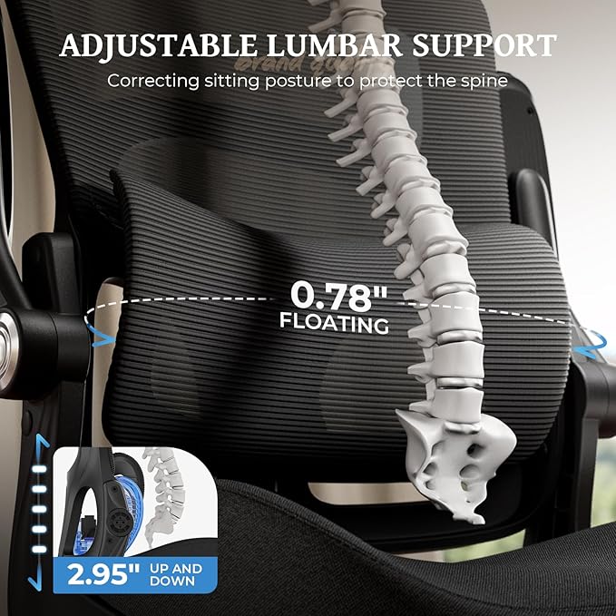 Ergonomic Office Chair - Office Desk Chair with Adjustable Lumbar Support - Mesh Comfy Chair with Flip-Up Arms - Heavy Duty Gaming Chairs for Adults Home and Business