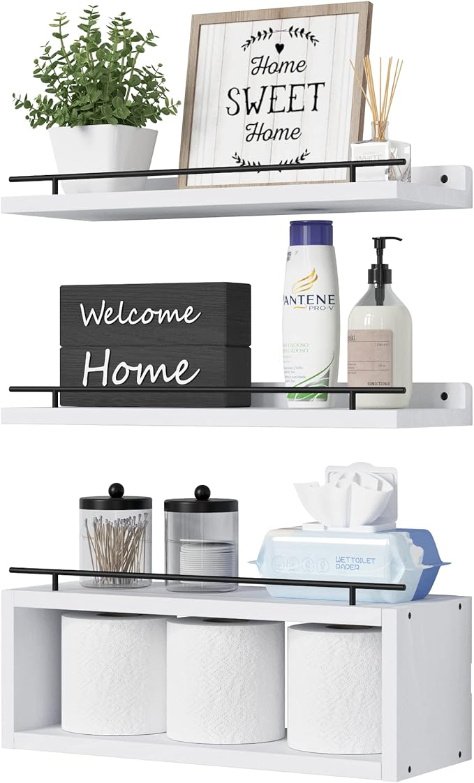 WOPITUES Floating Shelves for Wall with Cube Shelf, Wall Shelves with Metal Rail for Decor, Bathroom Organizers and Storage, Over Toilet Shelves for Bathroom, Toilet Paper-White