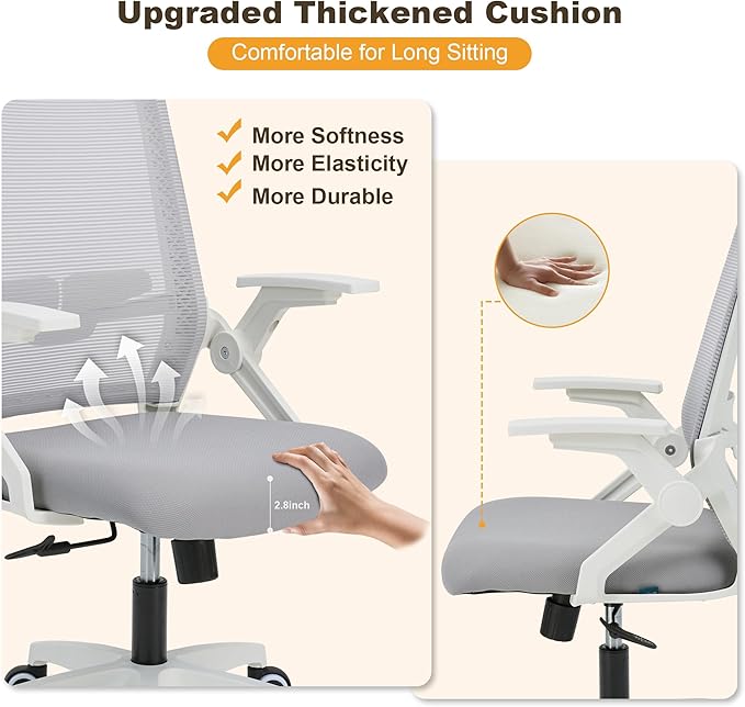Your Perfect Home Office & Study Companion: Ergonomic Mesh Chair with Adjustable Lumbar, Flip-Up Arms & Tilt Lock - Modern Grey, 400lb Capacity, Durable & Comfortable