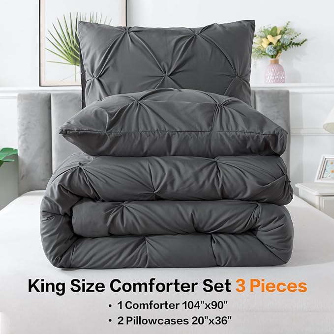 Andency Dark Grey King Size Comforter Set, 3 Piece Gray Pinch Pleat Fluffy Lightweight Bedding Set, All Season Soft Microfiber Bed Set