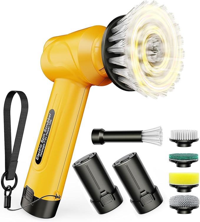 qimedo 5000mAh Battery Electric Spin Scrubber Q4, Handheld Scrubber for Cleaning with Display, Power Dish Scrubber with 5 Heads, Shower Cordless Cleaning Brush Gifts for Mom