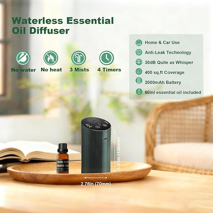 Waterless Essential Oil Diffuser Starter Kit with 3 x 20mL Essential Oil, Rechargeable Scent Diffuser for Home Car Bathroom, 3 Mist & 4 Timer, Portable Small Aromatherapy Diffuser Machine, DarkGreen