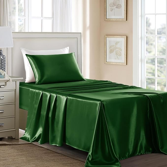 Satin Sheets Twin Size - 3 Pieces Luxury Silky Soft Bed Sheets for Kids, Wrinkle-Free Dark Green Satin Silk Sheet Set with 1 Deep Pocket Fitted Sheet, 1 Flat Sheet, 1 Pillow case