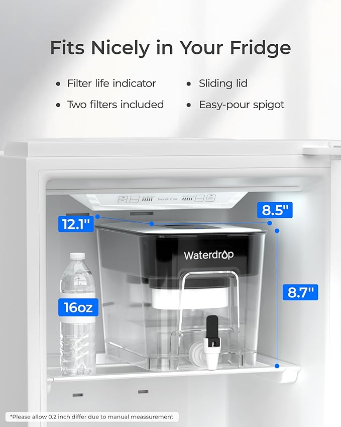 Waterdrop 40 Cup Dual Filter Dispenser, 8X Faster Filtration, 400-Gallon Lifespan, Water Filter Dispenser for Home/Office, 2 Replacements, 10X Longer Lifetime, Reduces Chlorine, PFOA/PFOS, Black