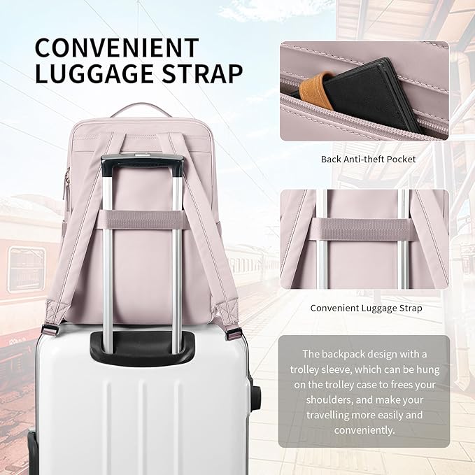 GOLF SUPAGS Stylish Laptop Backpack for Women Airline Approved Perfect for Work College and Travel Multi-Functional Casual Daypack Fits 15.6 Inch Notebook (Pinkish Grey)