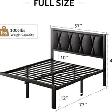 iPormis Full Size Metal Bed Frame, Faux Leather Button Tufted Headboard Platform Bed, Heavy Duty Slats Support, 12